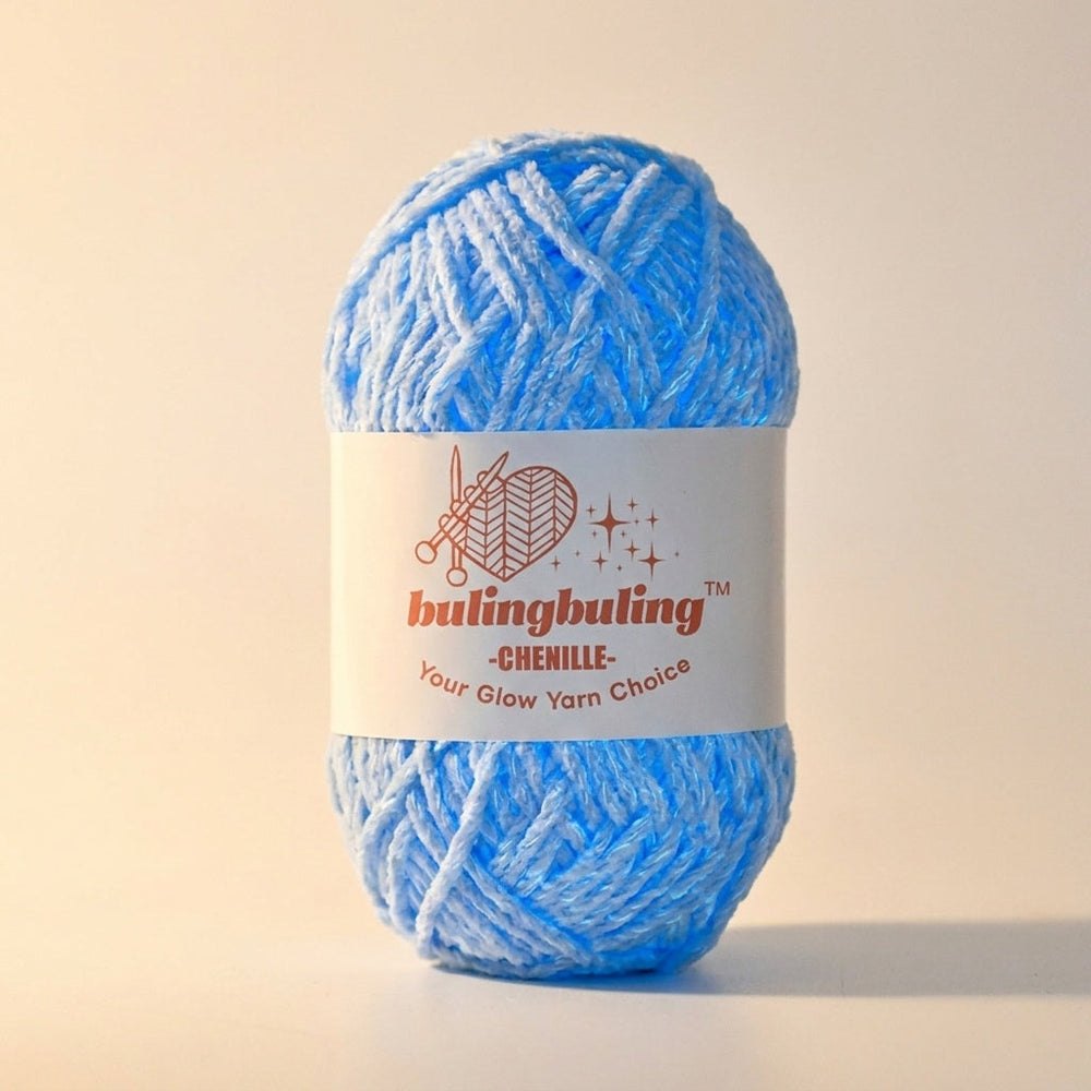 Blue glow-in-the-dark chenille yarn skein