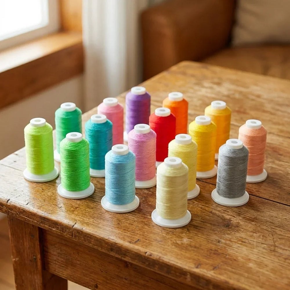 Colorful glow-in-the-dark embroidery thread spools on a wooden table