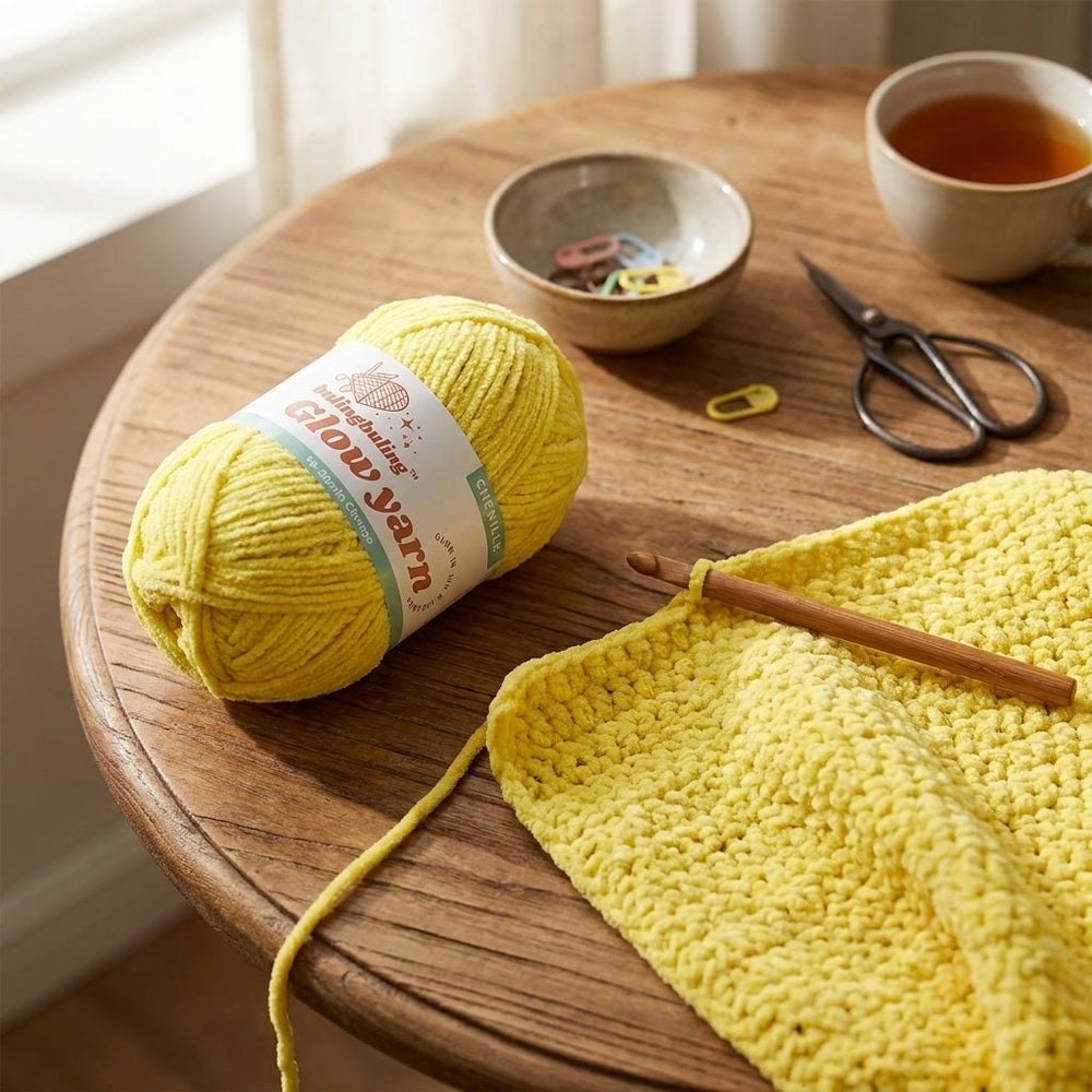Glow-in-the-dark chenille yarn with a crochet hook and a handmade project