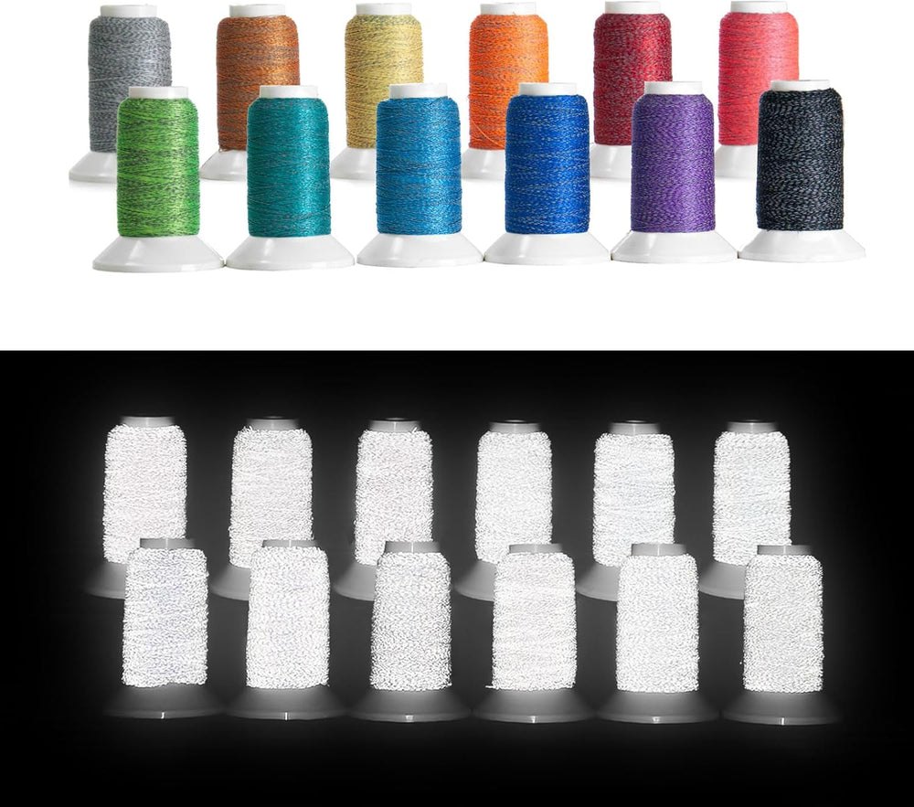 Reflective embroidery thread spools in assorted colors